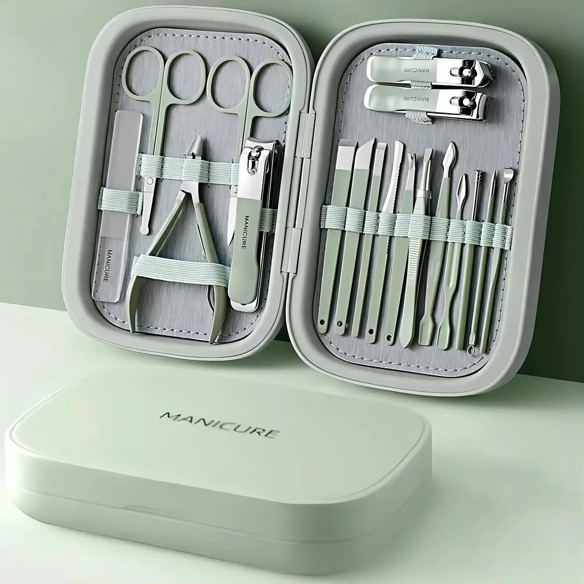 PLYS 18-Piece Stainless Steel Nail Clipper & Care Tool Set Nail Care Kit Axl light green