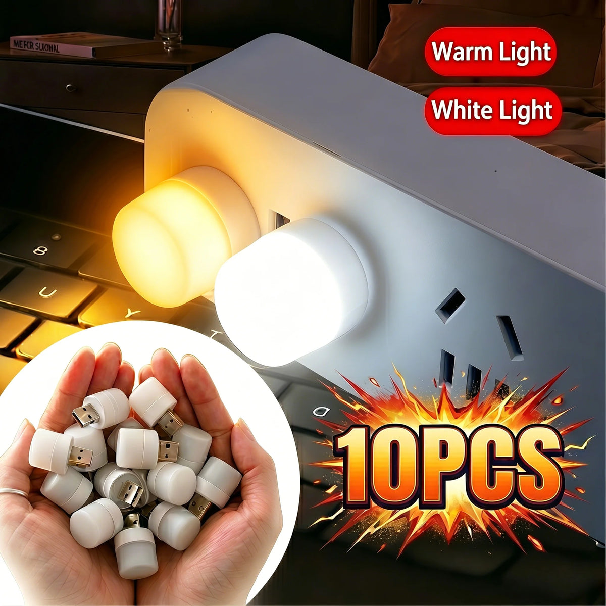 Mini USB LED Night Light – Warm & White Plug-In Lamp 1/3/10 Pack USB Night Light Axl