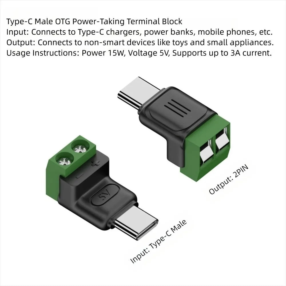 USB-C to 2-Pin Screw Terminal Adapter | 5V 3A Solderless Plug USB Terminal Adapter Axl C-Male Power-Taking