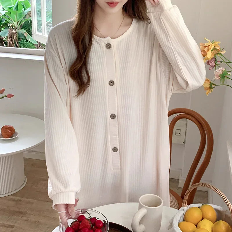 Women's Cotton Nightgown – Long Sleeve Ankle-Length Sleep Dress Women's Nightgown Axl beige XL