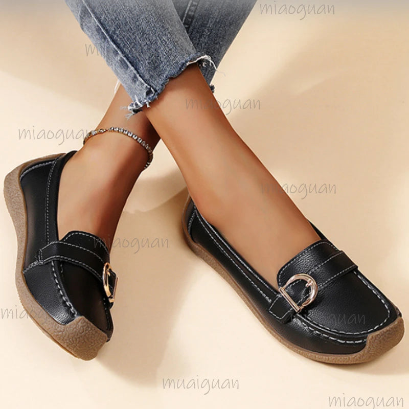 Women's Slip-On Loafers – Elegant Flat Heel PU Leather Flats Women's Loafers Axl