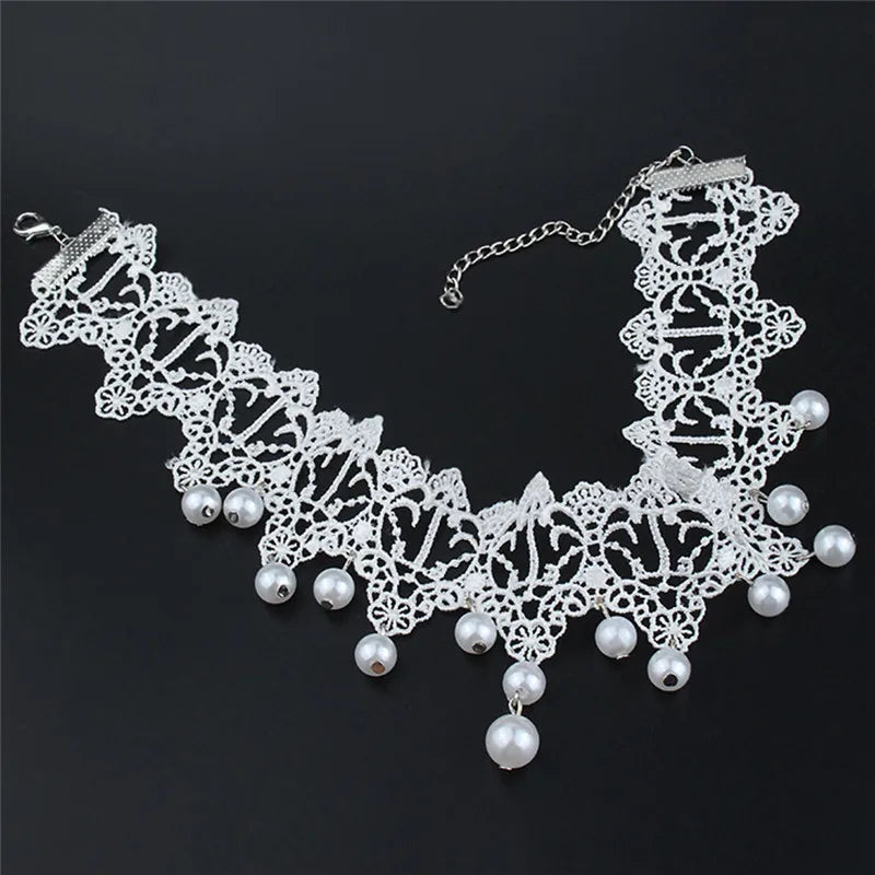 Lace Pearl Choker Necklace – Women's Trendy Fashion Jewelry Choker Necklace Axl 33cm White