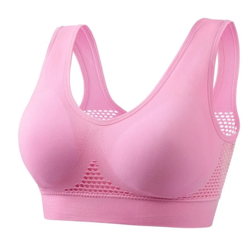 Women's Seamless Wire-Free Sports Bra – Hollow Mesh Quick-Dry Seamless Sports Bra Axl Pink 1XL