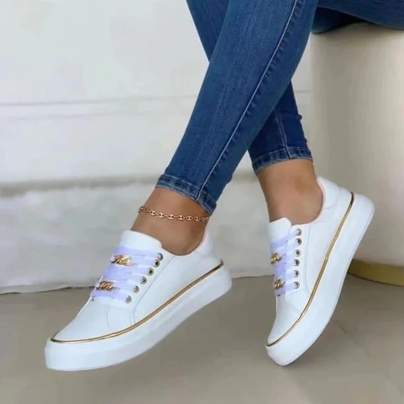 Women's Chain Platform Sneakers – Lace-Up Leather Walking Shoes Platform Sneakers Axl white 42