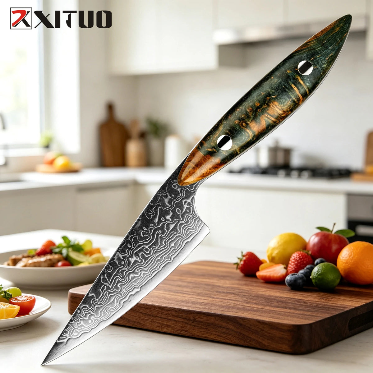 XITUO 3.5" Damascus Steel Paring Knife – Full Tang Petty Knife Damascus Paring Knife Axl Stabilized Wood