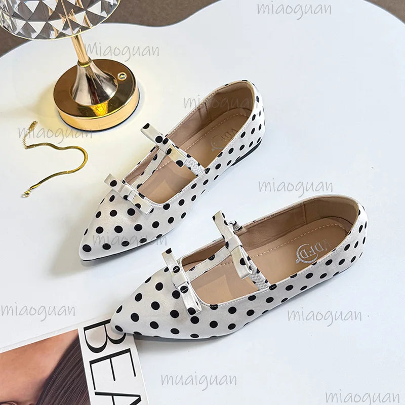 Women's Polka Dot Mary Jane Flats – Bow Pointed Toe Loafers Mary Jane Flats Axl