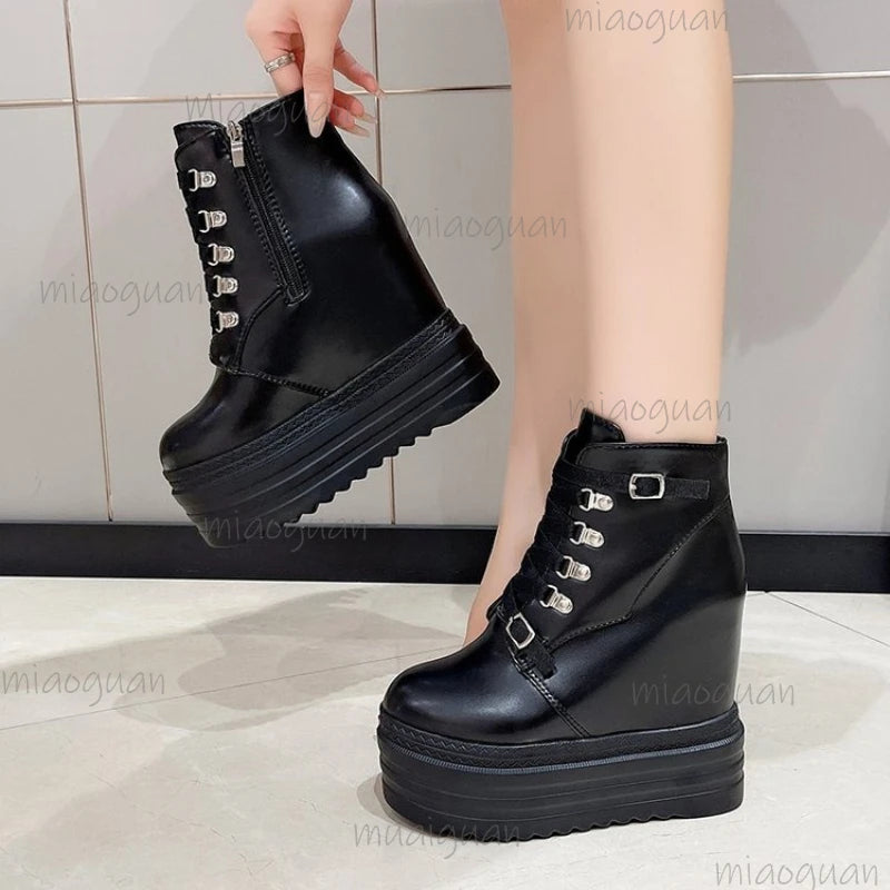 Women's 6CM Platform Wedge Ankle Boots – Metal Buckle Strap Platform Wedge Boots Axl