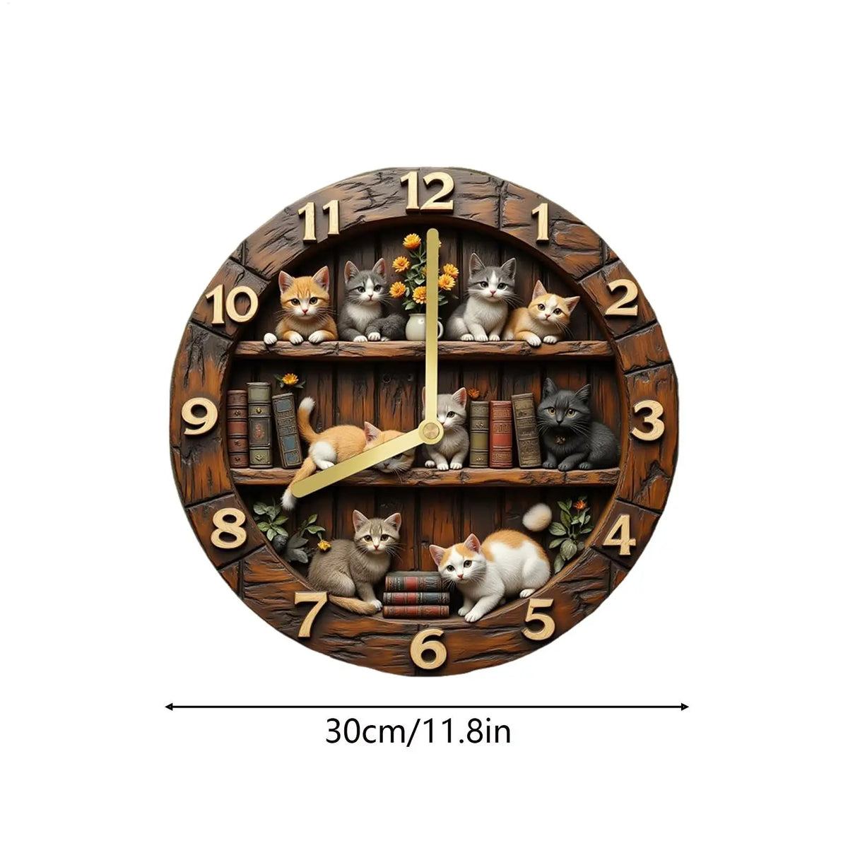 11.81" Silent Cat Wall Clock – Wooden Farmhouse Decor Silent Wall Clock Axl