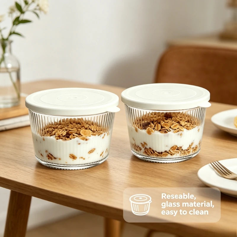 Small Glass Bowls with Lids – Stackable Clear Stripe Containers Glass Storage Bowl Axl 2PCS White