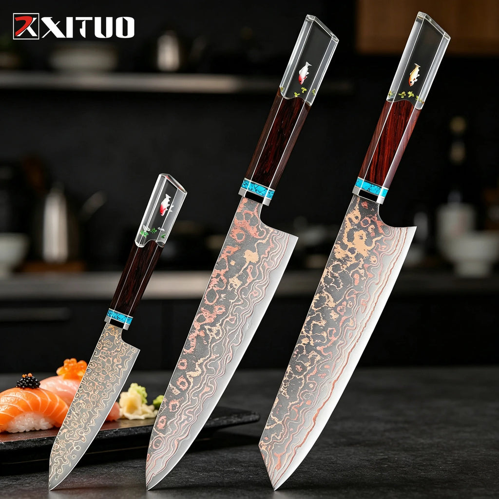 XITUO Damascus Steel Chef Knife Set – Octagonal Wood Handle Kitchen Knife Set Axl