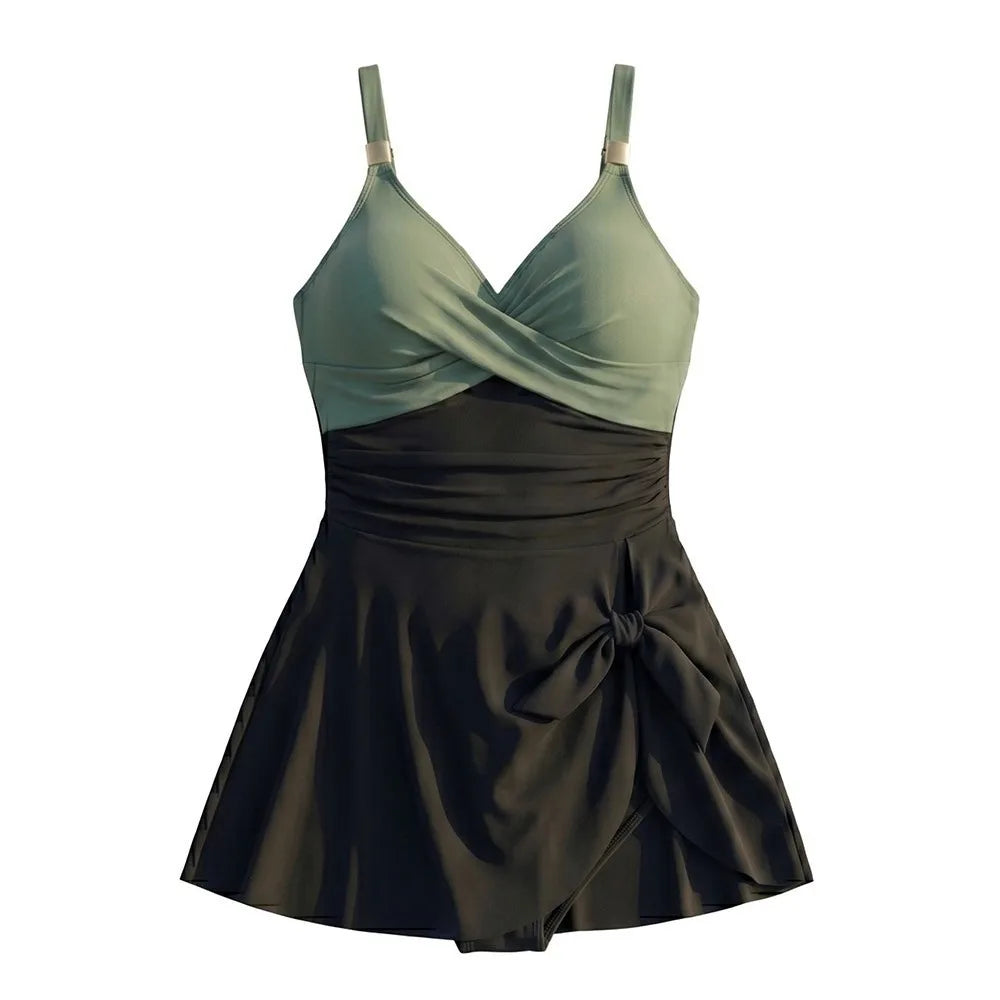 Women's V-Neck Pleated Skirt Swimsuit – Slim Fit Beachwear Women's Swimsuit Axl Black Green M