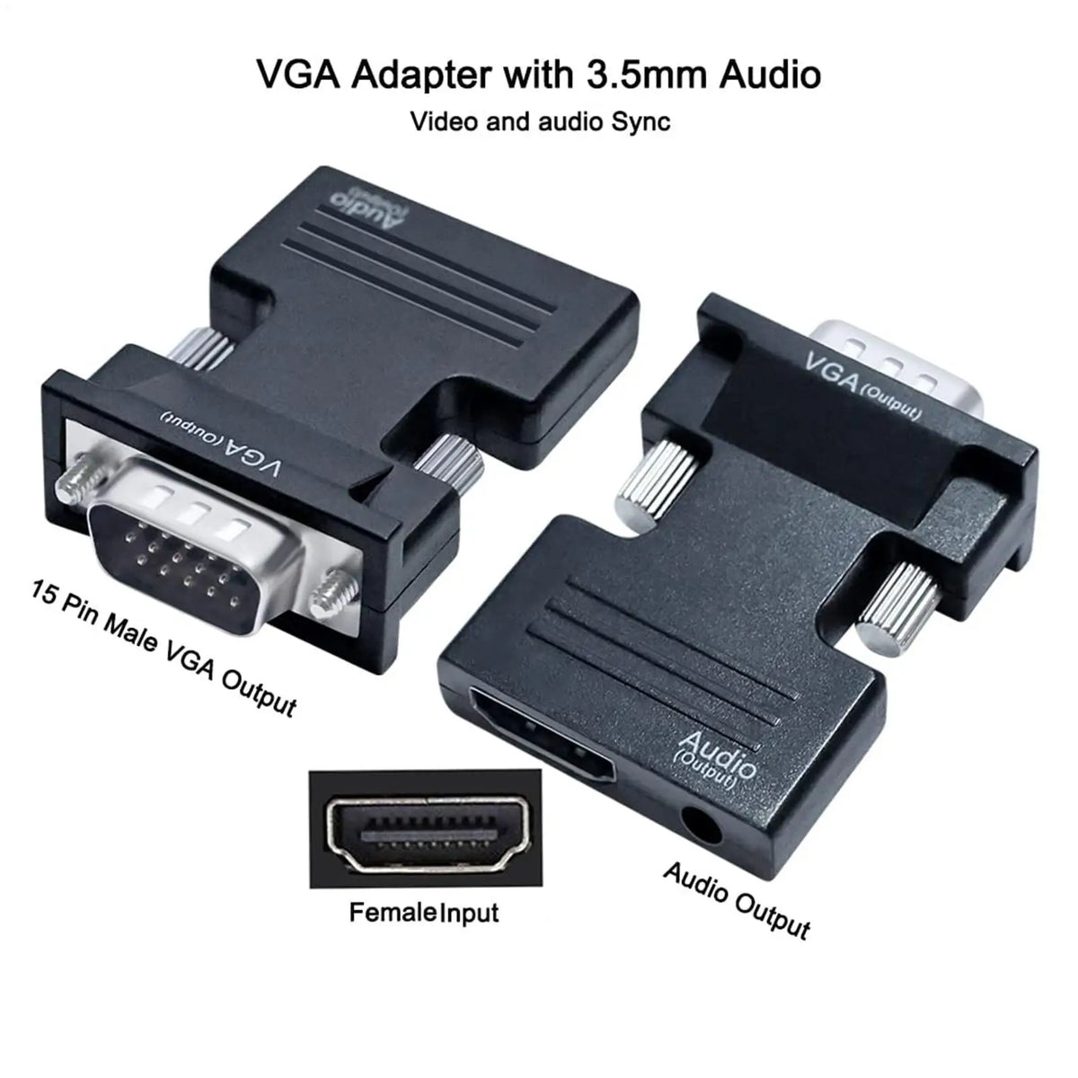 HDMI to VGA Adapter 1080P with 3.5mm Audio – Laptop & Projector Display Adapter Cable Axl