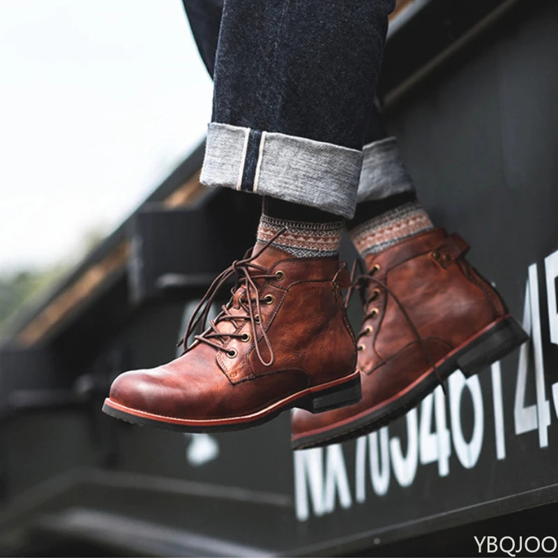 Men's Retro Lace-Up Ankle Boots – Leather-Look Motorcycle Boot Men's Ankle Boots Axl