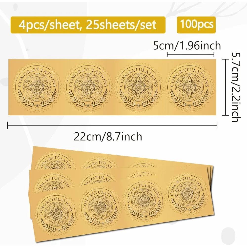 Gold Foil Congratulations Stickers – 100pc Embossed Round Seals Decorative Sticker Seals Axl