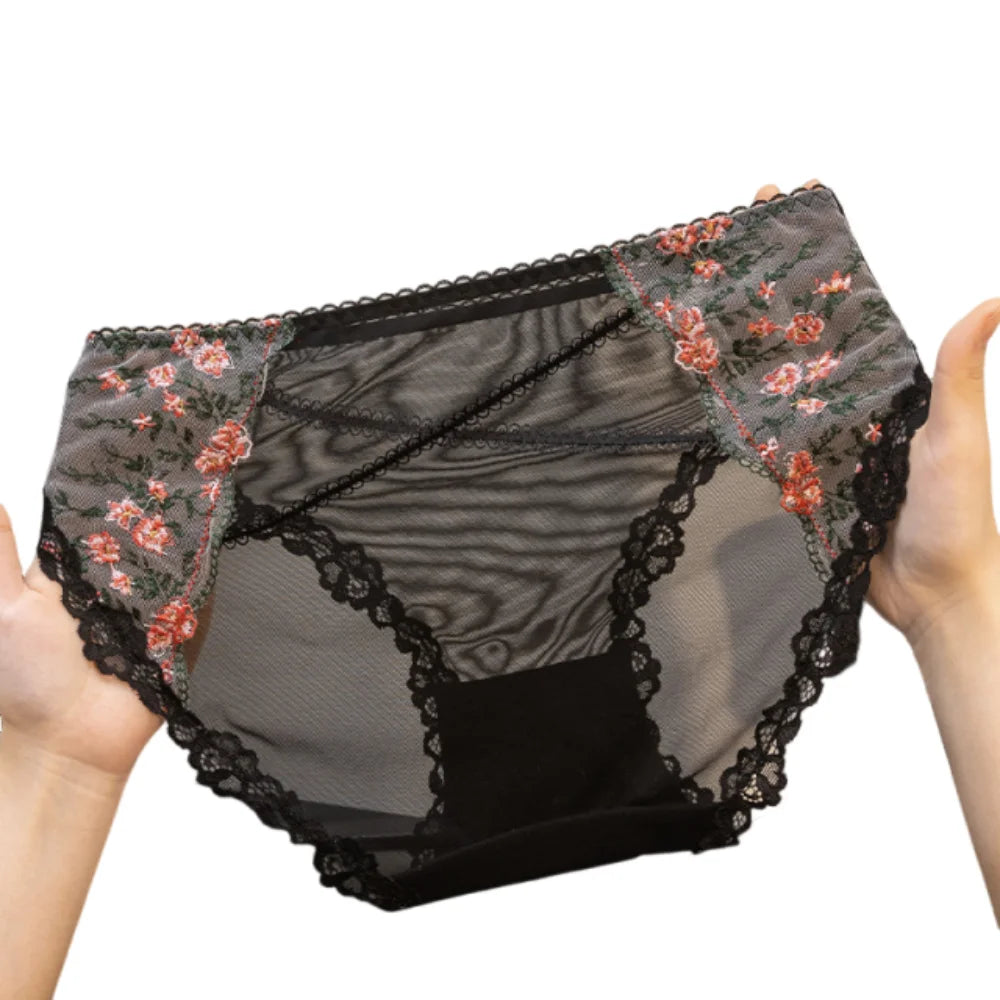 Women's Floral Lace Briefs – Breathable Mesh Embroidery Panties Lace Briefs Axl Black XXXS 1pc