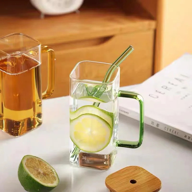 400ml Square Glass Mug with Lid & Straw | Microwave Safe Glass Mug Axl