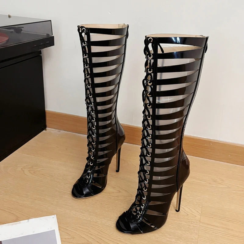 Women's Knee-High Heeled Boot Sandals – Hollow Cross Strap Heeled Boot Sandals Axl Black 39