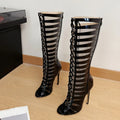 Women's Knee-High Heeled Boot Sandals – Hollow Cross Strap Heeled Boot Sandals Axl Black 39