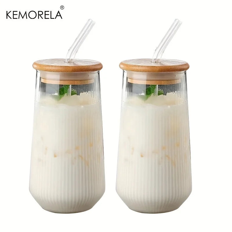 KEMORELA Vertical Striped Glass with Lid & Straw | 1 or 2 Pack Striped Drinking Glass Axl