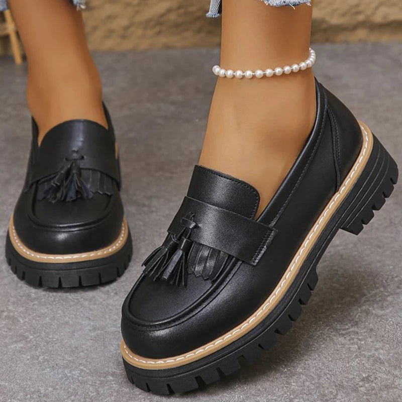 Women's Tassel Loafers – Slip-On Square Heel Flat Shoes Women's Loafer Flats Axl black-ya guang 42