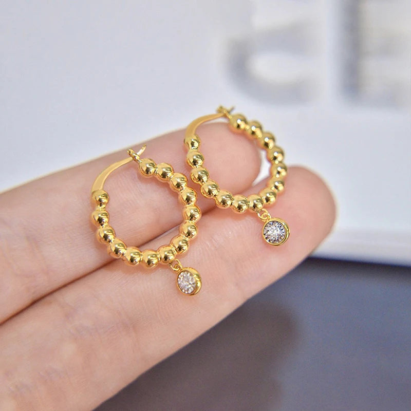 Huitan Beaded Hoop Drop Earrings | Cubic Zirconia Women's Jewelry Drop Hoop Earrings Axl