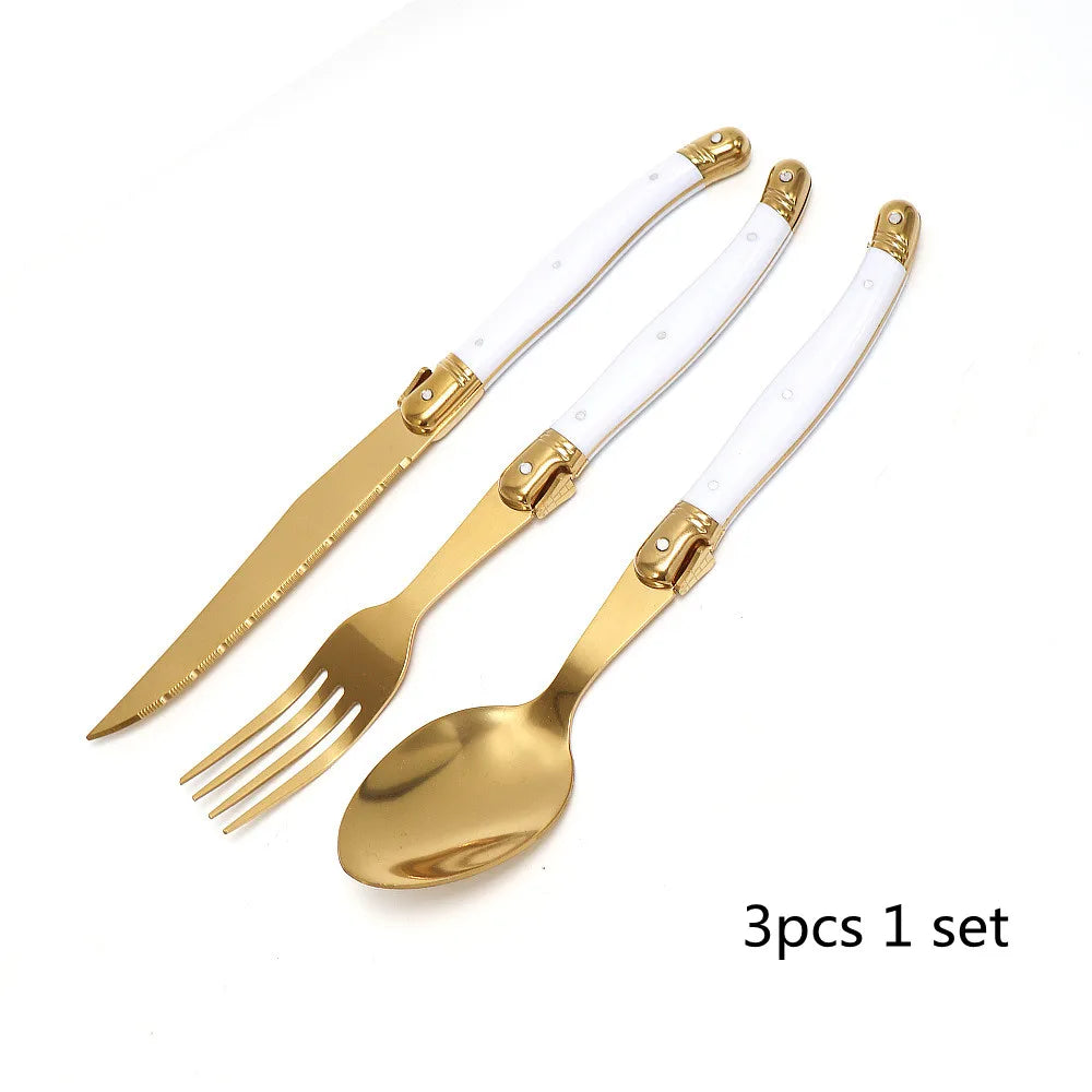 Laguiole Gold Cutlery Set – Stainless Steel Flatware for 3 Flatware Cutlery Set Axl 3pcs 1set
