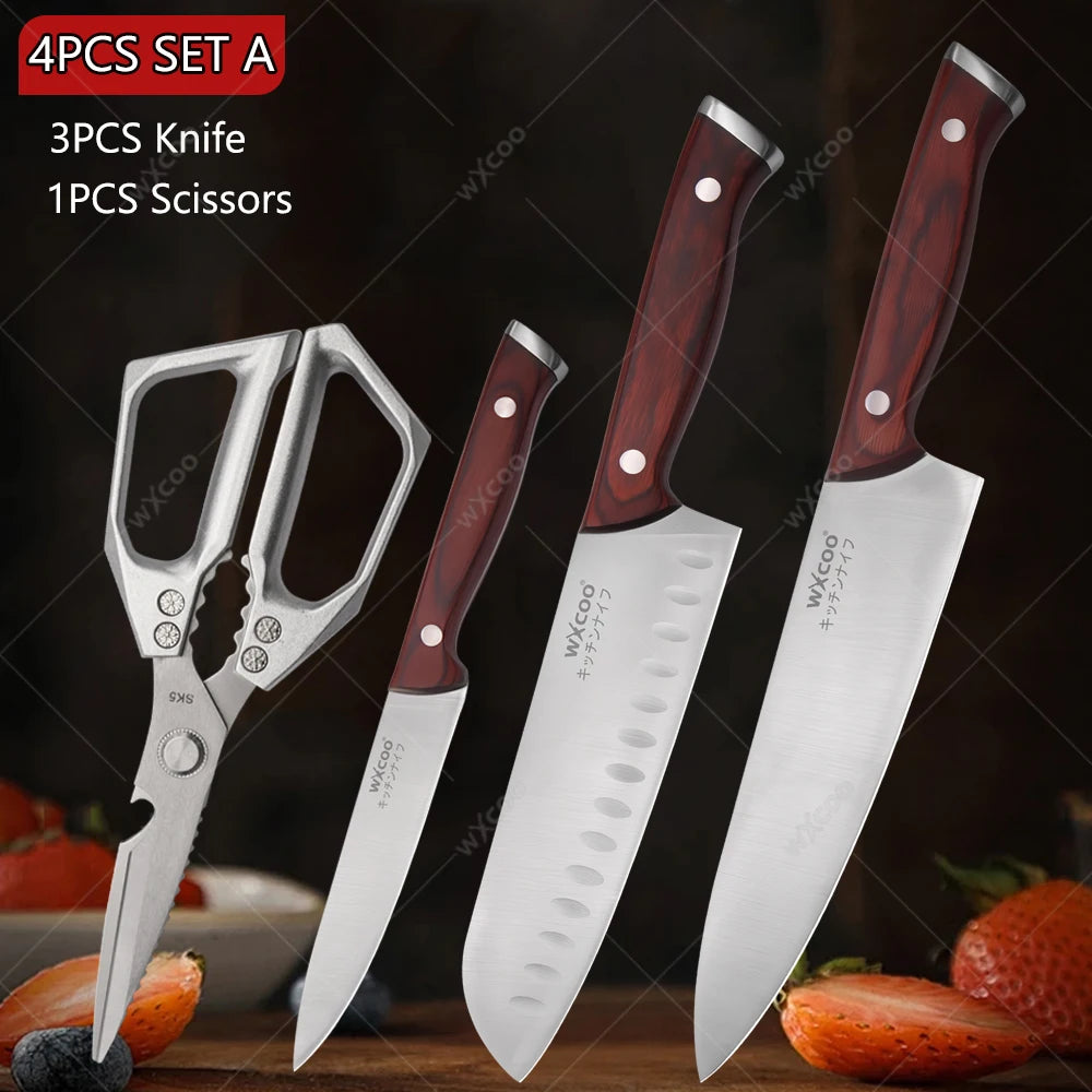 WXCOO Japanese Santoku Knife | Wooden Handle Kitchen Knife Kitchen Knife Axl 4PCS A