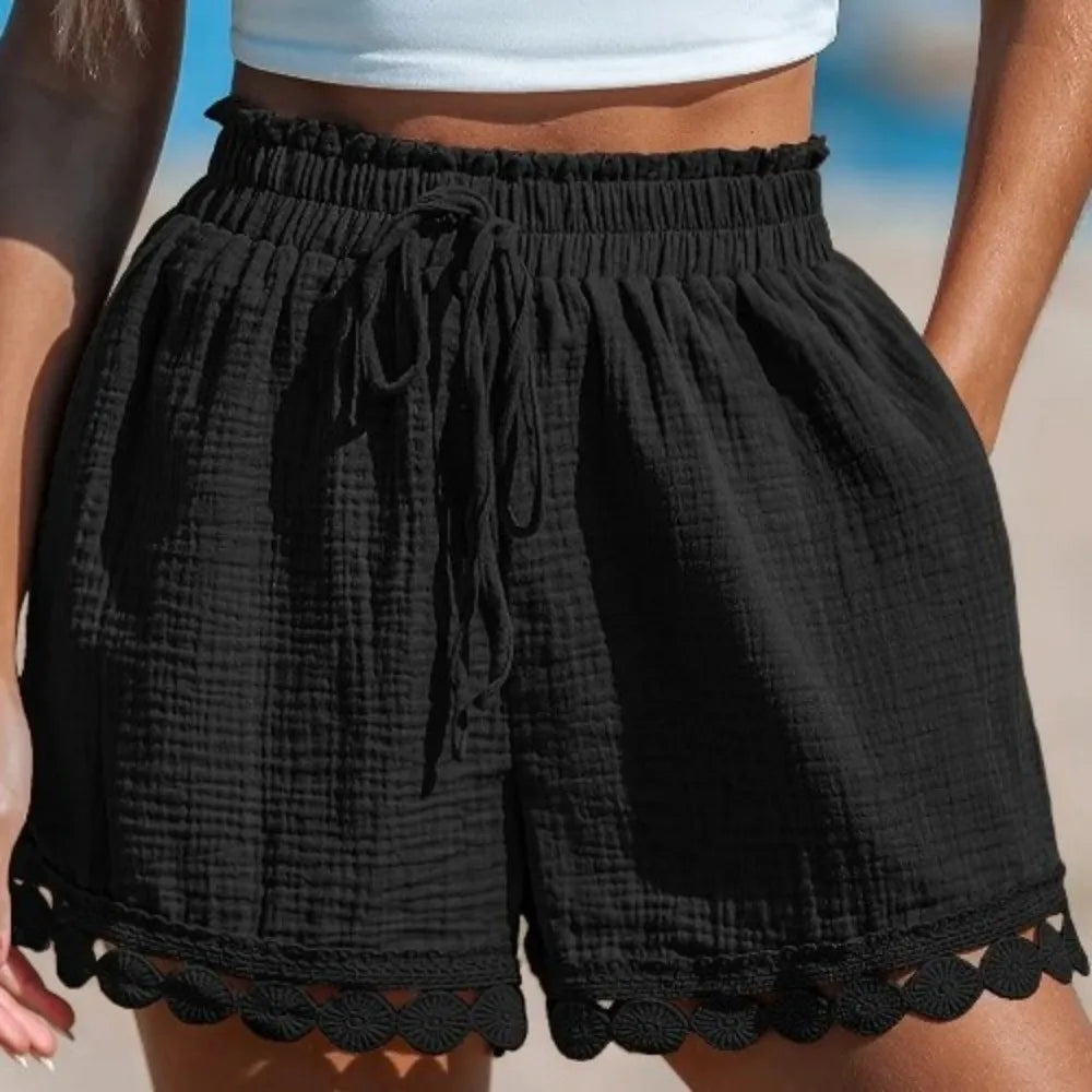 Women's Lace-Trim Wide Leg Beach Shorts | Loose Resort Wear Women's Beach Shorts Axl