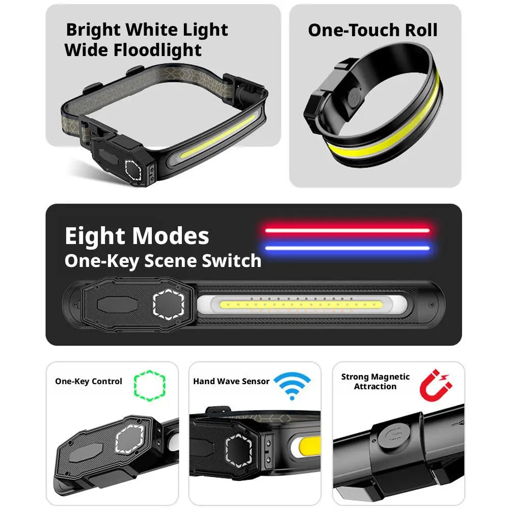 3-in-1 COB LED Headlamp Wristband USB Rechargeable Work Light Rechargeable Headlamp Axl