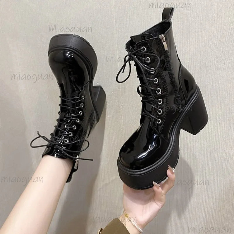 Women's Waterproof Platform Lace-Up Ankle Boots 9cm Heel Platform Ankle Boots Axl