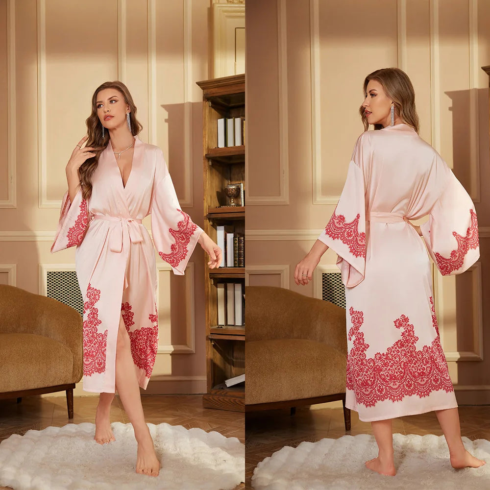 Women's Satin Floral Robe – Long Sleeve Lace-Up Bathrobe Satin Bathrobe Axl 3383-1 One Size