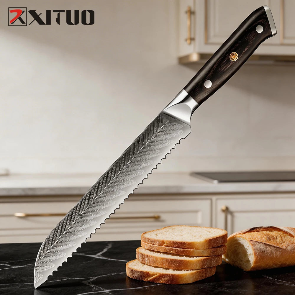 XITUO 8" Serrated Bread Knife – Damascus Steel Laser Blade Serrated Bread Knife Axl