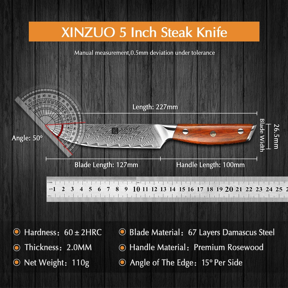 XINZUO 5" Damascus VG10 Steak Knife – Rosewood Handle Damascus Steak Knife Axl
