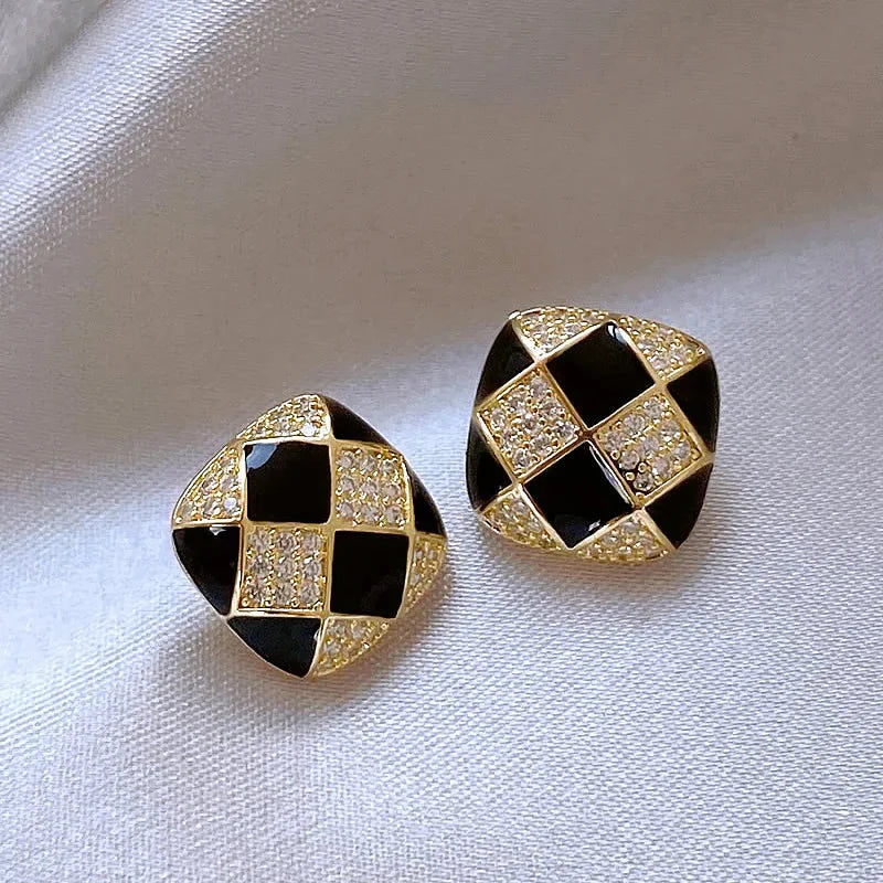 Huitan Gold Grid Stud Earrings – Geometric CZ Fashion Jewelry Stud Earrings Axl E5661
