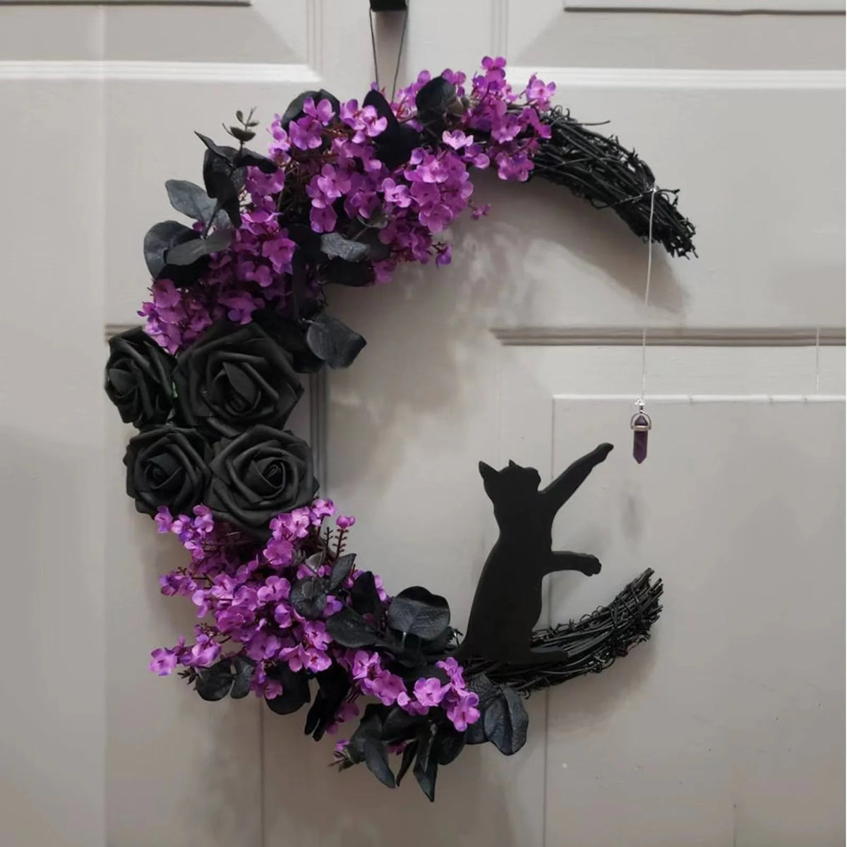 Halloween Black Cat Moon Wreath – Gothic Rose Front Door Decor Halloween Door Wreath Axl