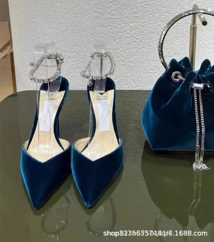 Crystal Chain High Heel Sandals – Luxury Diamond Stiletto High Heel Sandals Axl Blue 7CM 38
