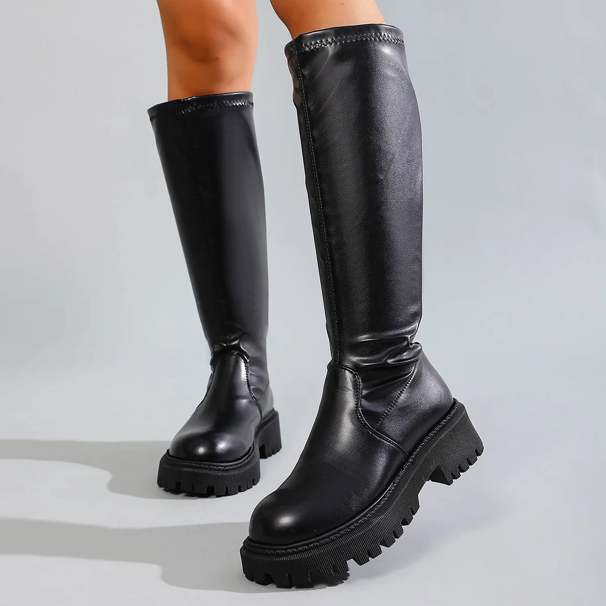 Women's Square Heel Knee-High Boots – Slip-On Faux Leather Knee-High Boots Axl Black 35