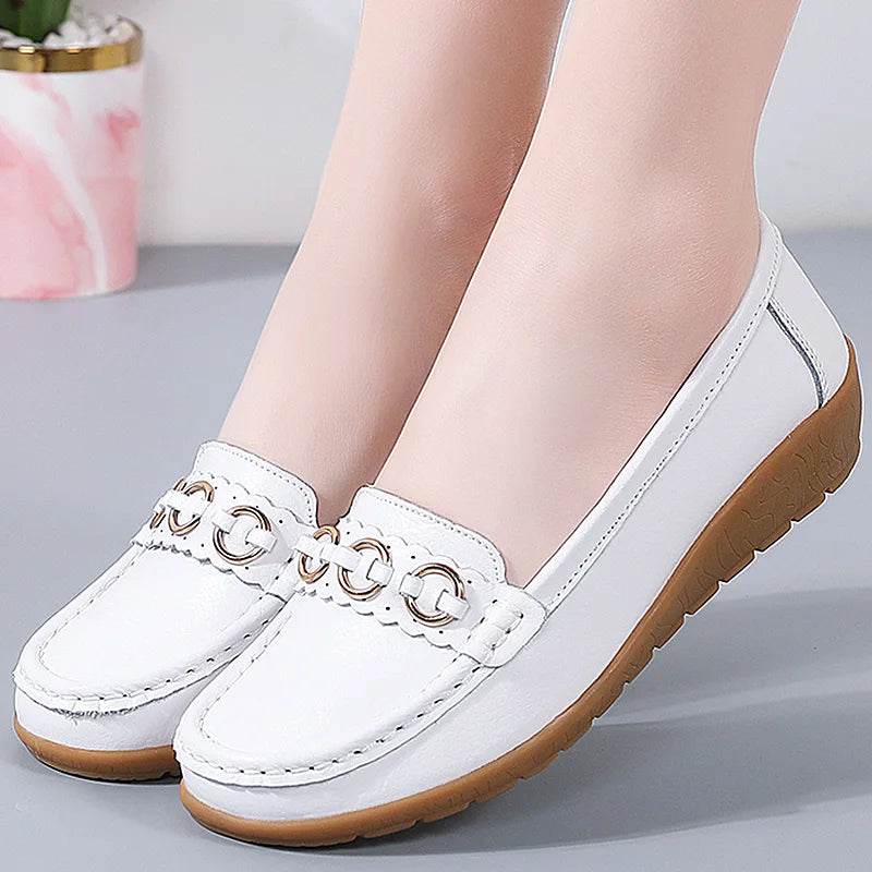 HAJINK Women's Leather Slip-On Loafers – Low Wedge Flat Shoes Women's Flat Loafers Axl