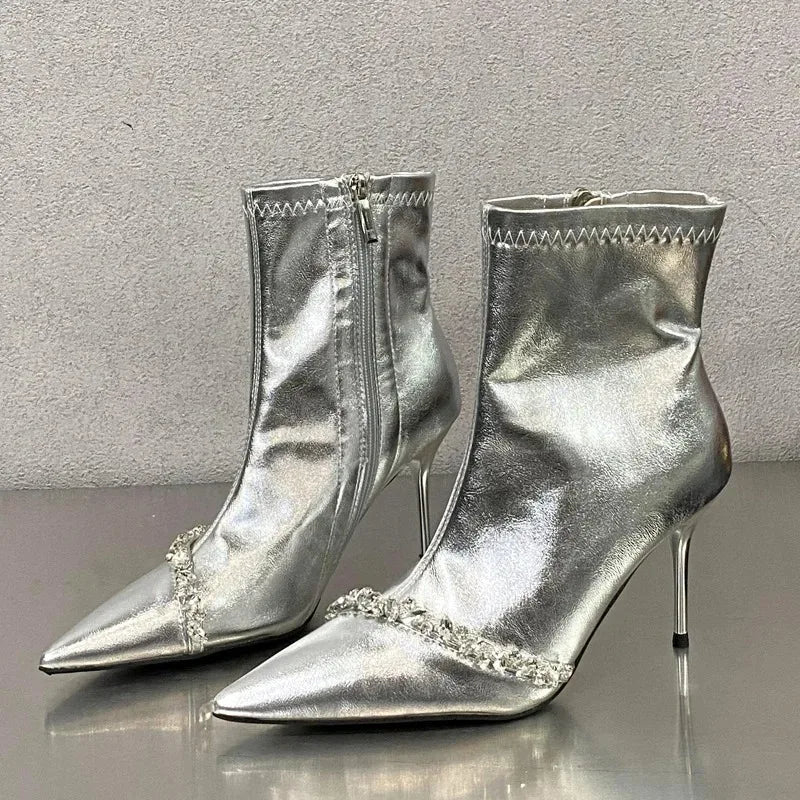 Women's Rhinestone Ankle Boots Crystal Pointed Toe High Heels Rhinestone Ankle Boots Axl