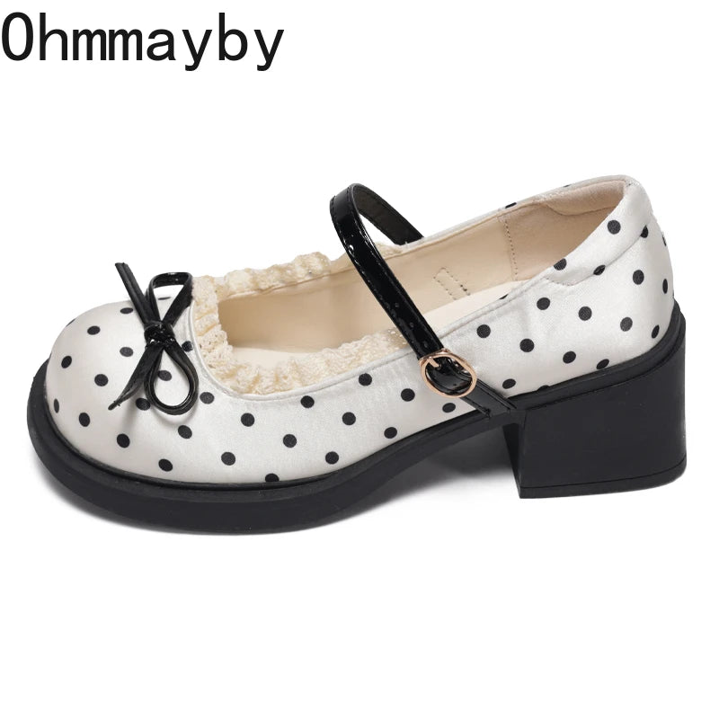 Polka Dot Mary Jane Pumps – Women's Butterfly-Knot Block Heel Mary Jane Pumps Axl