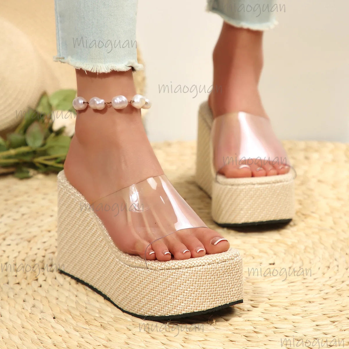 Women's Wedge Platform Sandals | PVC Transparent Strap & Hemp Rope Wedge Platform Sandals Axl