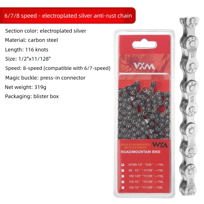 VXM Bike Chain 8-12 Speed 116 Links Anti-Rust Quick Link Bicycle Chain Axl