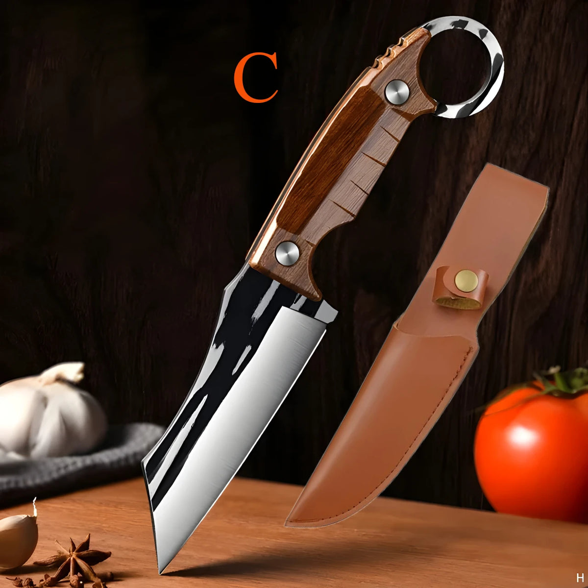 Stainless Steel Kitchen Knife Set – Cleaver, Boning & Fruit Kitchen Knife Set Axl Knife-C with leather