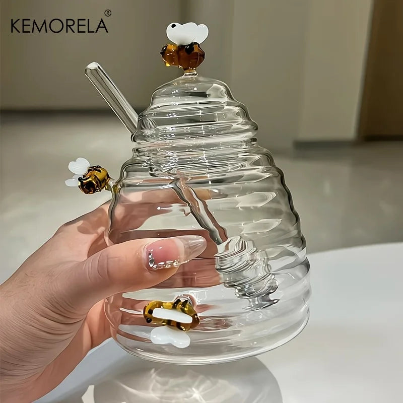Glass Honeycomb Honey Jar with Dipper & Lid | KEMORELA Honey Storage Jar Axl
