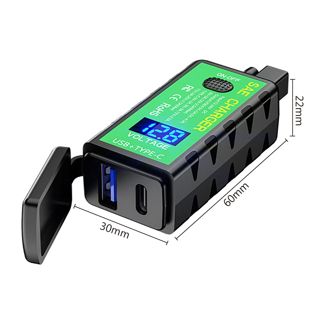 Motorcycle SAE to USB & Type-C Fast Charger with Voltmeter Motorcycle USB Charger Axl