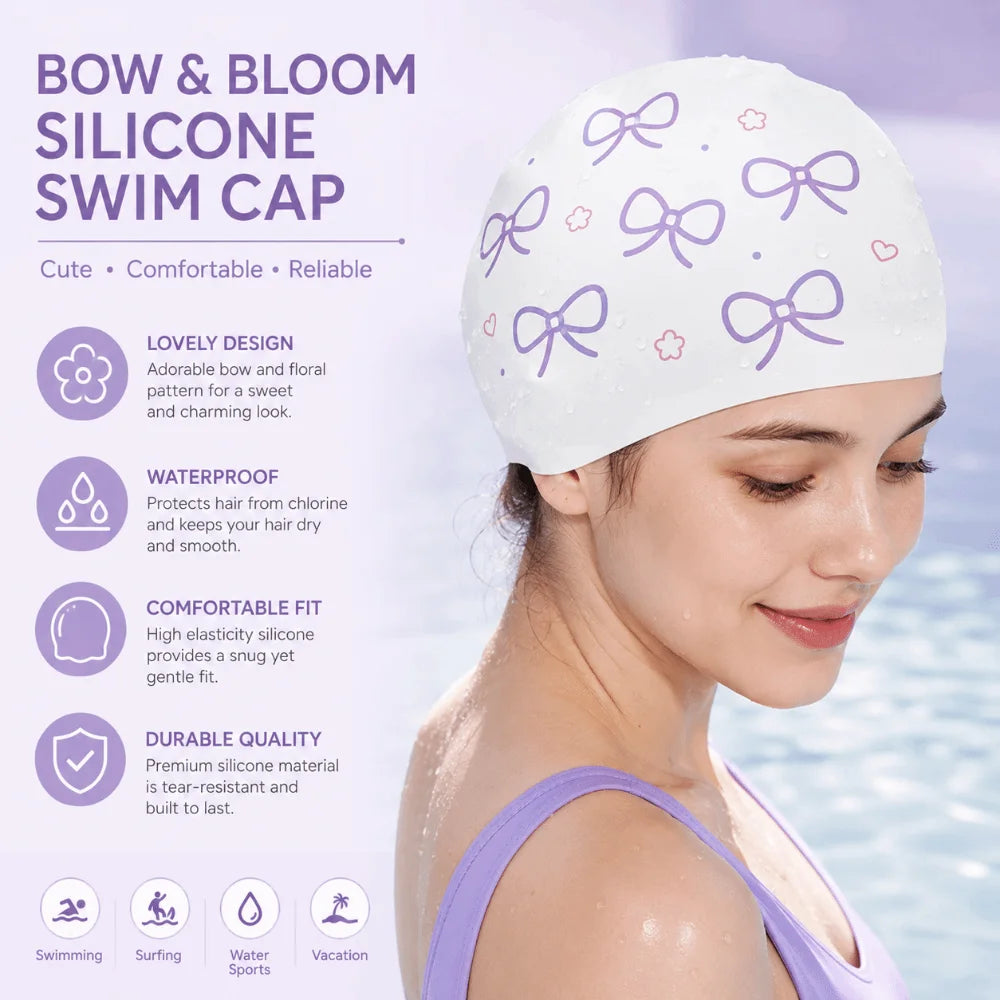 Bow Print Silicone Swim Cap – Oversized Watertight Swimming Hat Silicone Swim Cap Axl