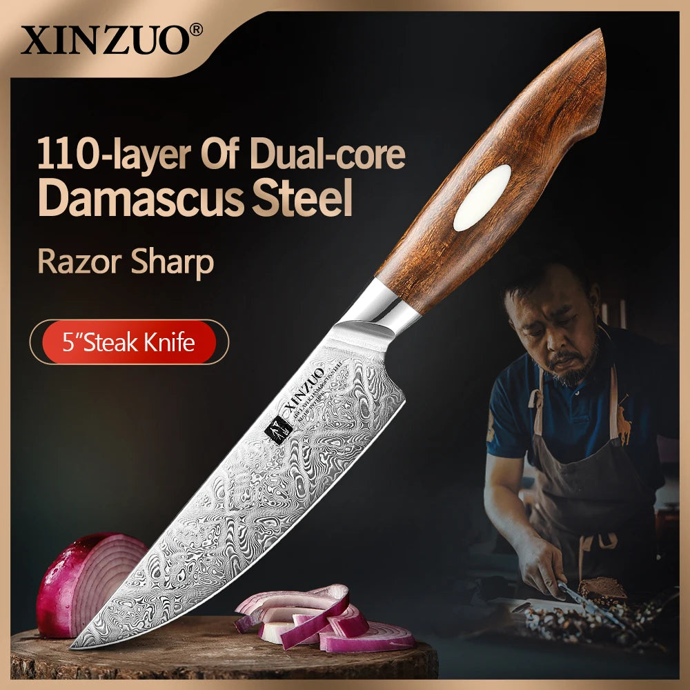 XINZUO 5" Damascus Steel Steak Knife – Desert Ironwood Handle Damascus Steak Knife Axl Default Title