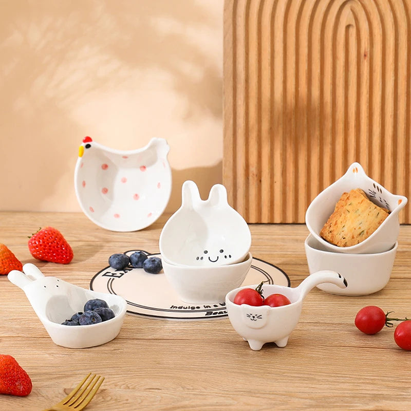 Ceramic Dipping Plate with Handle – Cute Rabbit & Cat Design Ceramic Dipping Plate Axl