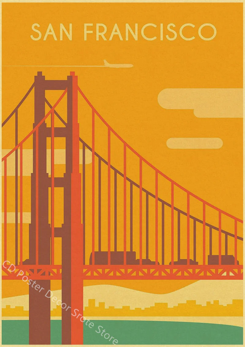 World Cities Retro Travel Poster – Rome Paris Sydney Dubai Art