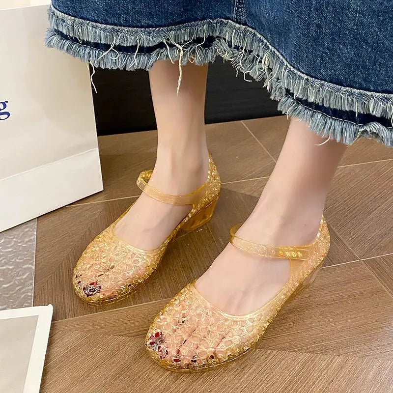 Glitter Jelly Mary Jane Wedge Sandals – Sparkly Ankle Strap Wedge Sandals Axl